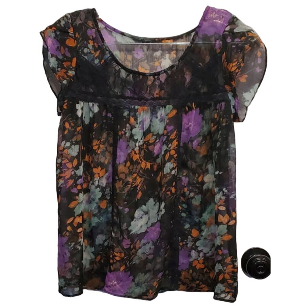 Jessica Simpson Black Multicolored Floral Sheer Springtime Flowy Blouse Small